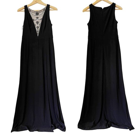 ADRIANNA PAPELL NWOT Beaded Mesh Neckline Maxi Dress in Black Size 6 - Picture 1 of 9